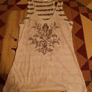 Miss Me Gray Cream Stripe Tank
